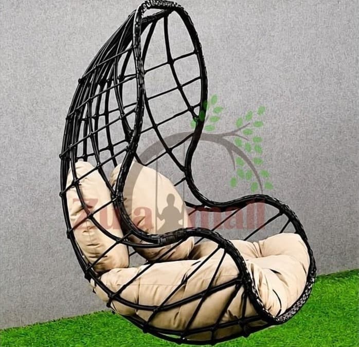 Black PVC Cane Swing With Beige Cushion