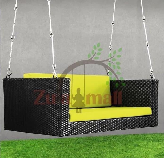 2 Seater PVC Cane Swing With Green Cushion