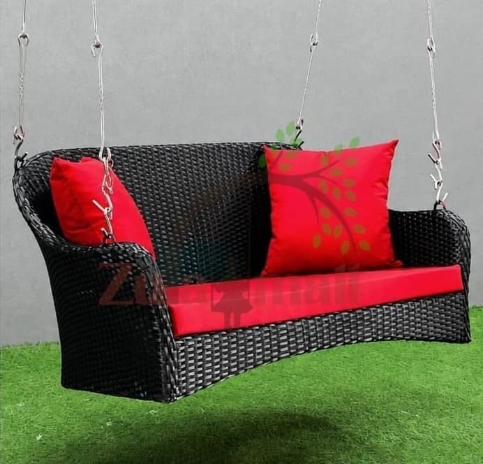 2 Seater PVC Cane Swing With Red Cushion